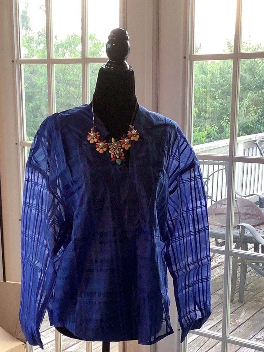 Blue Sheer Long-Sleeve Women's Top